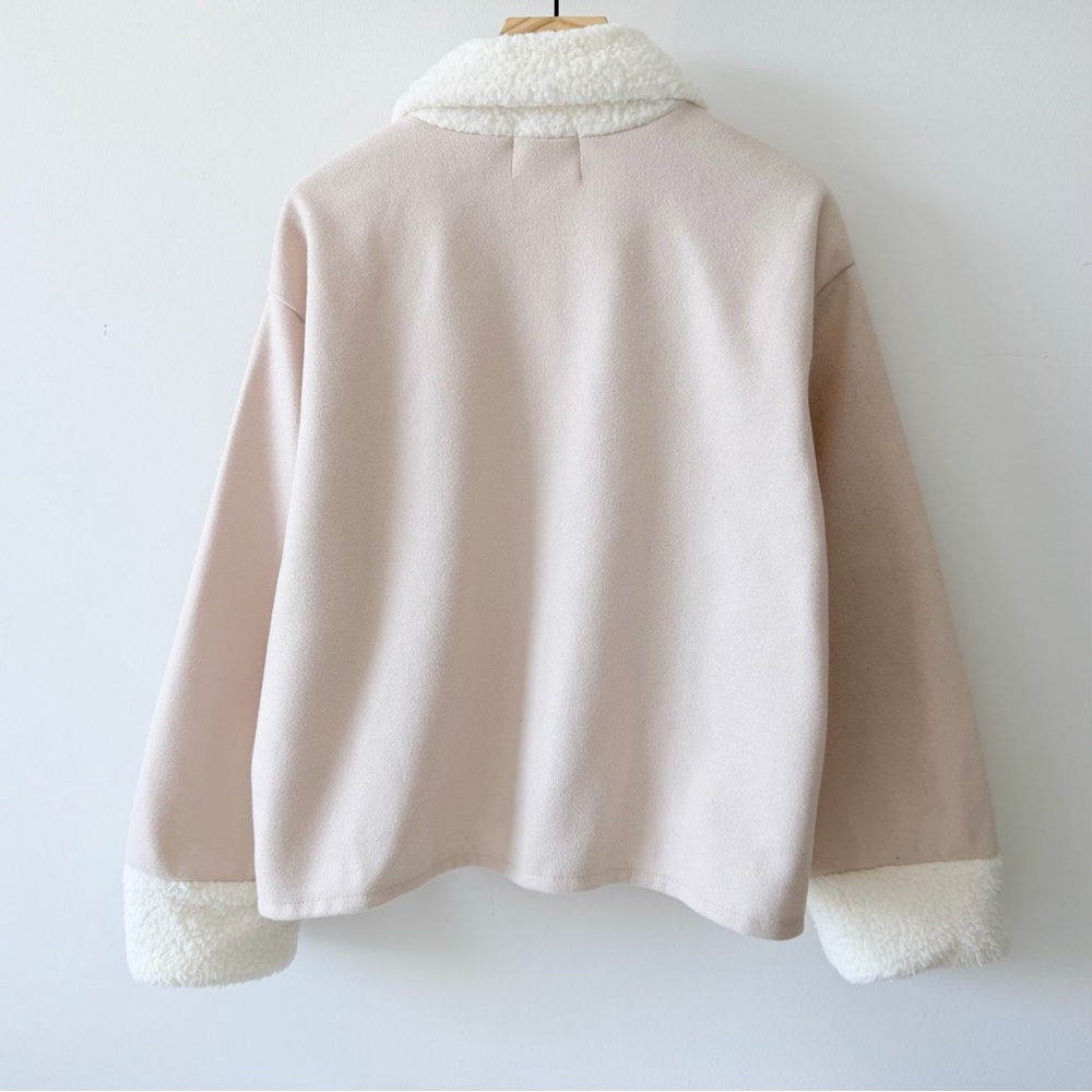 Beige Sherpa Trim Lightweight Korean Cozy Overshirt Jacket - Picture 9 of 12